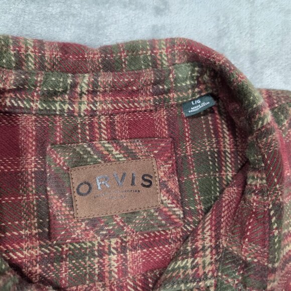 Orvis Shirt Mens Large Red Green Plaid Heavy Flannel Button Up Shacket Hiking - Picture 3 of 10
